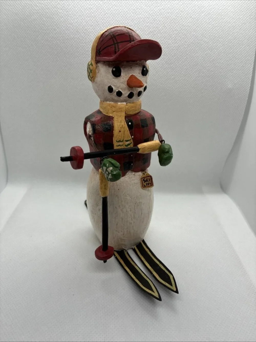 Handmade Wooden Snowman Skier Figurine Rustic Winter Christmas Decor Folk Art